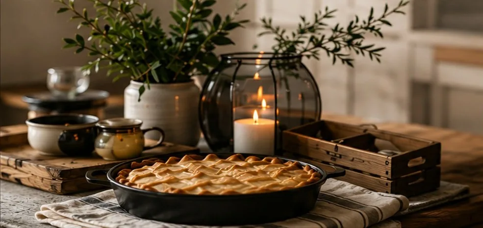 Homestyle baked pie on a warm cottage table
