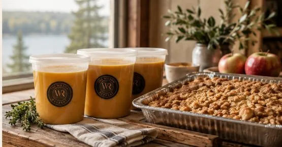 Wilson Retreat branded one-litre soup containers and homemade apple crisp